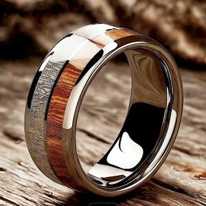 Elegant Retro Wood Stainless Steel Ring Unisex Size 9 New In Box